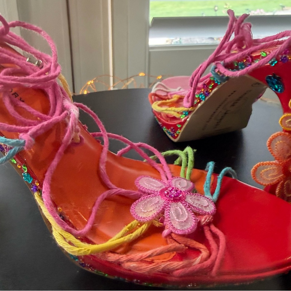 OOAK Bright Lights Strappy Rainbow Gladiator Statement Platform Heels, sz 8.5 - Picture 6 of 17